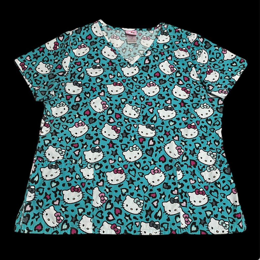 Hello Kitty Scrub Top Shirt Teal Blue Green Cheetah Print Womens Size Large